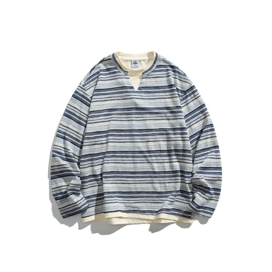 Unisex Gestreiftes Langarmshirt mit V-Notch und Lagen-Effekt Shop Nory