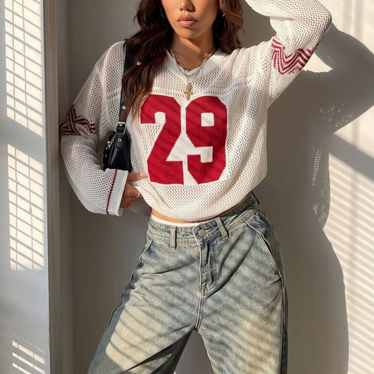Damen Oversize Netz-Strick Cropped Pullover mit V-Ausschnitt Shop Nory