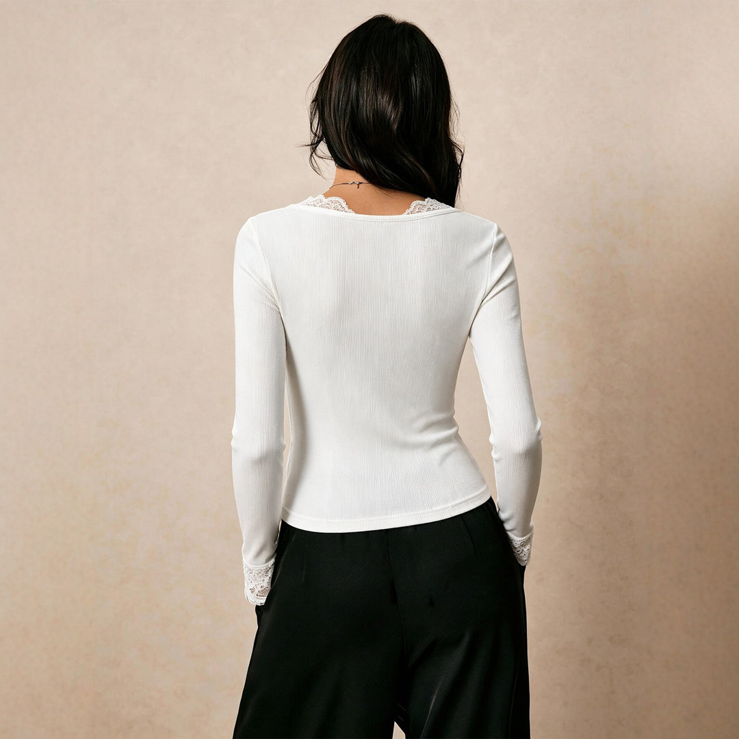 Damen feines geripptes Langarmshirt mit Spitzen-V-Ausschnitt, dekorativer Schleife und Spitzenmanschetten Shop Nory