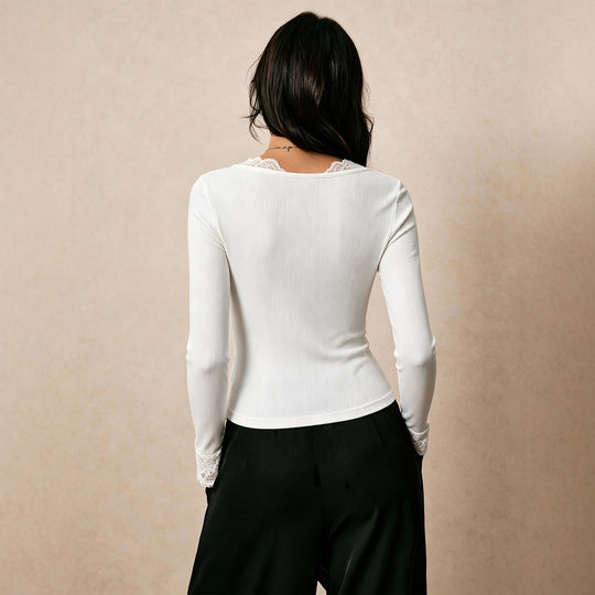Damen feines geripptes Langarmshirt mit Spitzen-V-Ausschnitt, dekorativer Schleife und Spitzenmanschetten Shop Nory