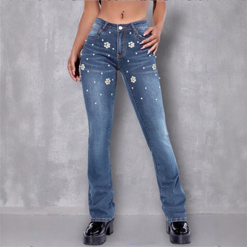 Damen schmale Bootcut-Jeans mit Perlen- und Blumenapplikationen Shop Nory