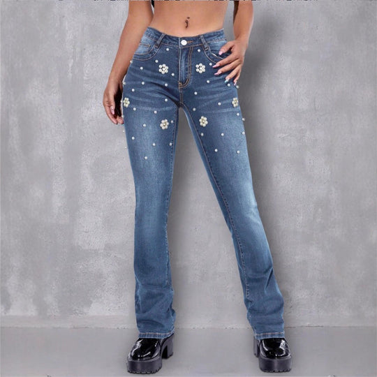 Damen schmale Bootcut-Jeans mit Perlen- und Blumenapplikationen Shop Nory
