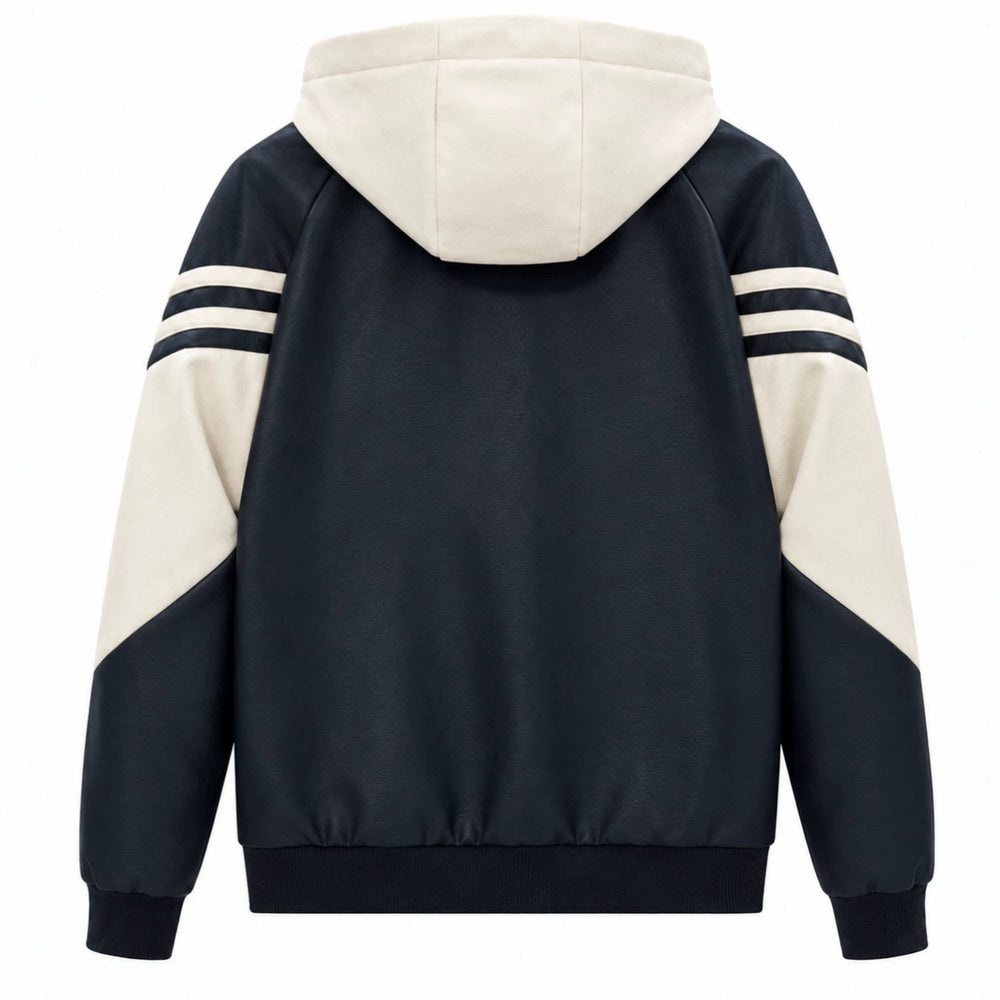 Herren Sportlicher Kapuzen‑Bomber mit Kunstlederoptik, Kontraststreifen und Reißverschluss Shop Nory