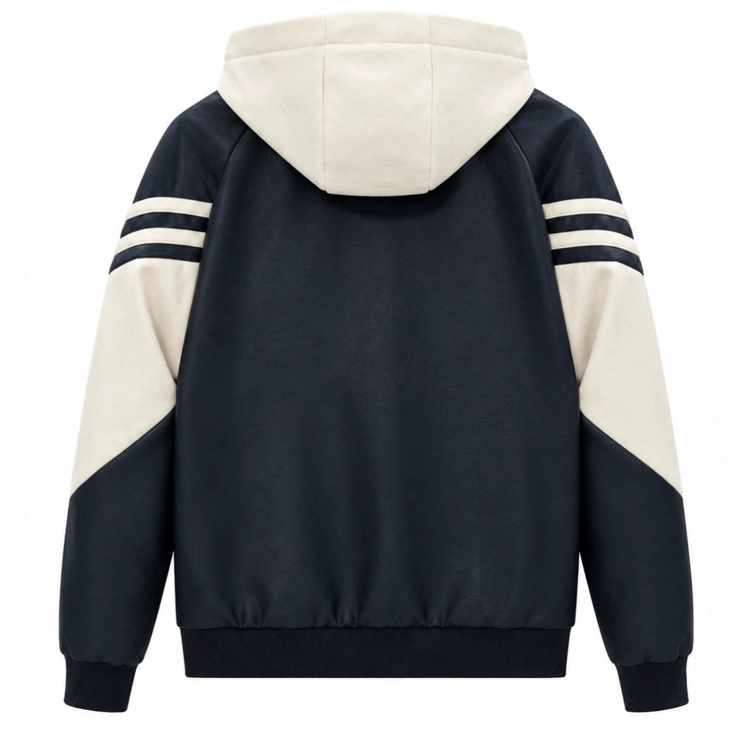 Herren Sportlicher Kapuzen‑Bomber mit Kunstlederoptik, Kontraststreifen und Reißverschluss Shop Nory