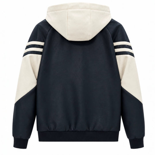 Herren Sportlicher Kapuzen‑Bomber mit Kunstlederoptik, Kontraststreifen und Reißverschluss Shop Nory