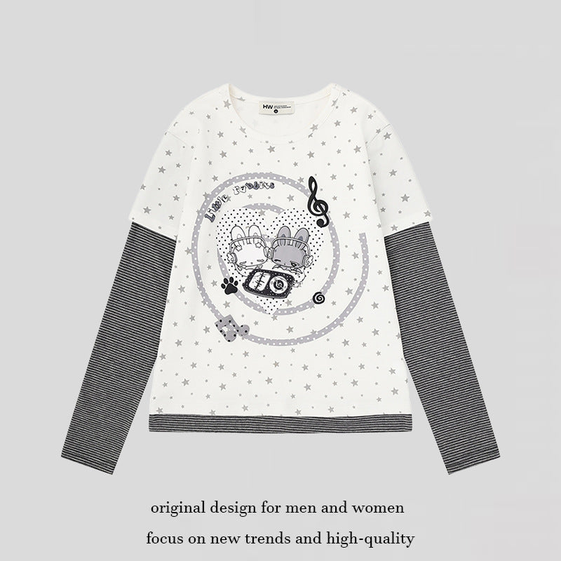 Damen Lagen-Langarmshirt mit Sternen-Allover, gestreiften Einsatzärmeln und Comic-Hasen-Frontprint Shop Nory