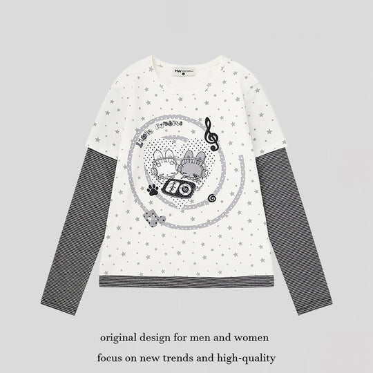 Damen Lagen-Langarmshirt mit Sternen-Allover, gestreiften Einsatzärmeln und Comic-Hasen-Frontprint Shop Nory