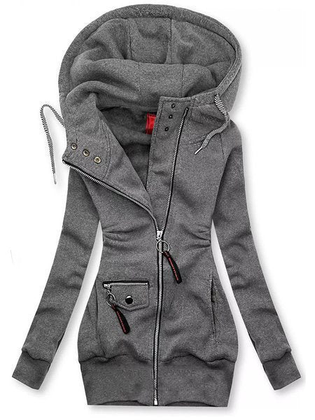 Damen Lange Kapuzenjacke mit asymmetrischem Reißverschluss und Zip‑Tasche Shop Nory