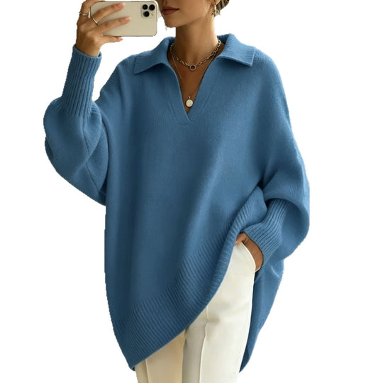 Damen Oversize-Polokragen V-Ausschnitt Strickpullover mit Ballonärmeln Shop Nory