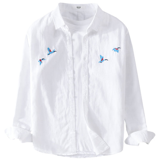 Herren Leichtes Leinenhemd mit feiner Vogelstickerei und Relaxed Fit Shop Nory