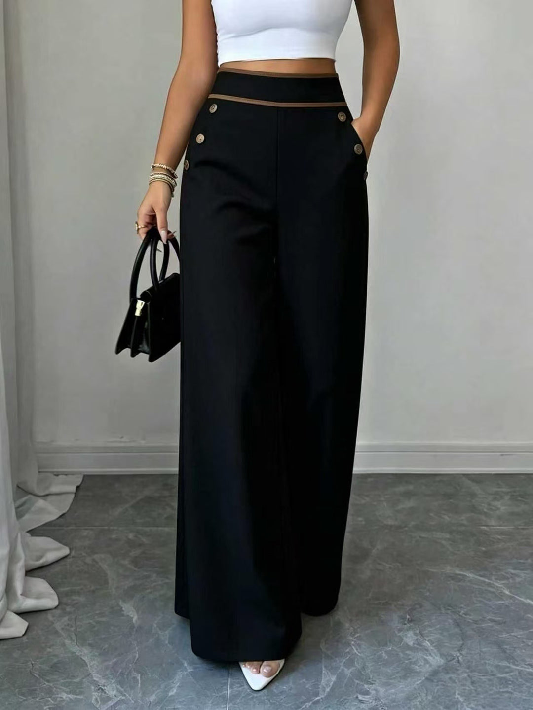 Damen Hochtaillierte Palazzo-Hose mit Zierknöpfen und weitem Bein Shop Nory