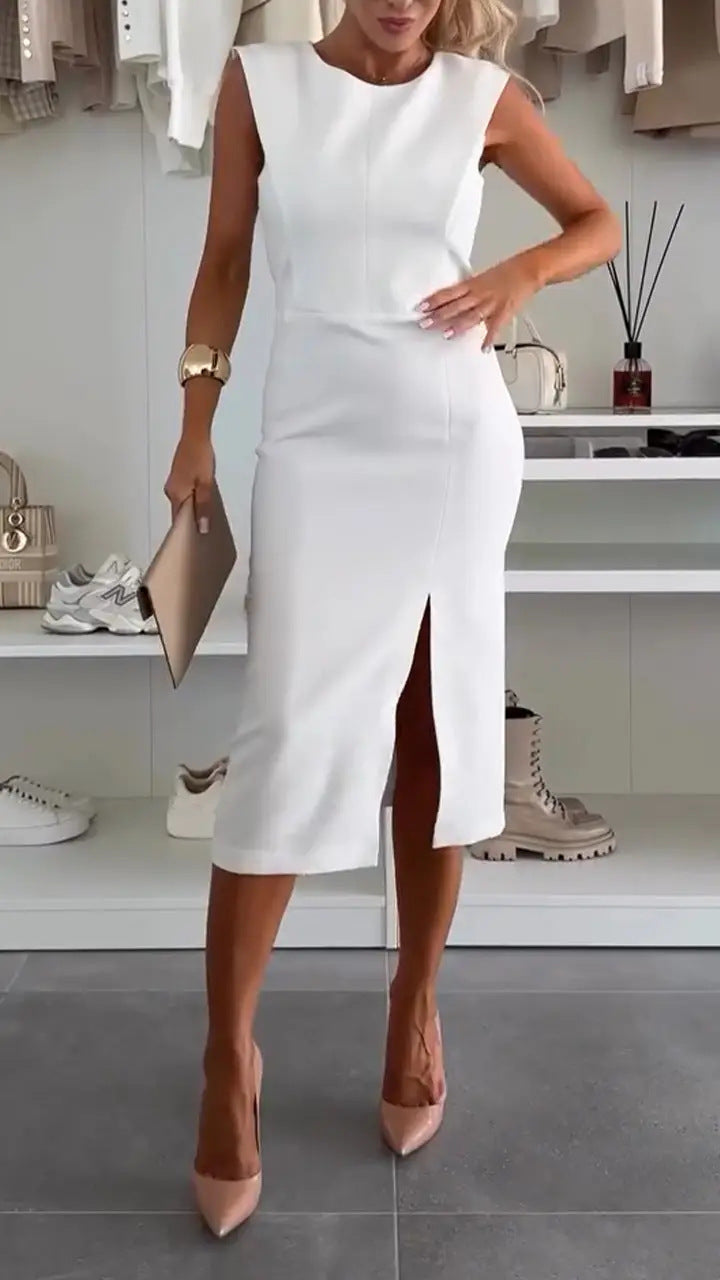 Damen Etuikleid mit asymmetrischem Ausschnitt und elegantem Schlitz