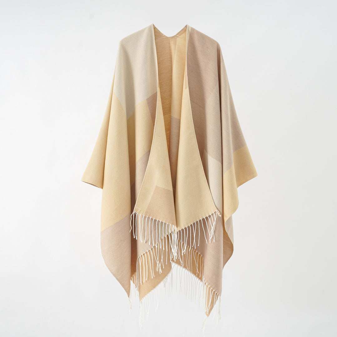 Damen Großer Wolloptik-Poncho mit geometrischem Blockmuster und Fransensaum Shop Nory