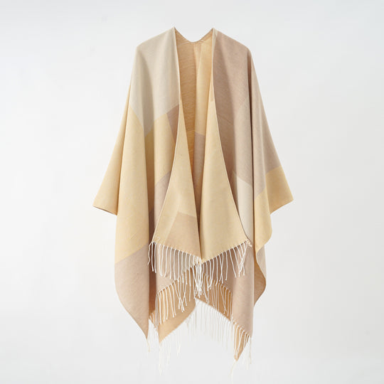 Damen Großer Wolloptik-Poncho mit geometrischem Blockmuster und Fransensaum Shop Nory