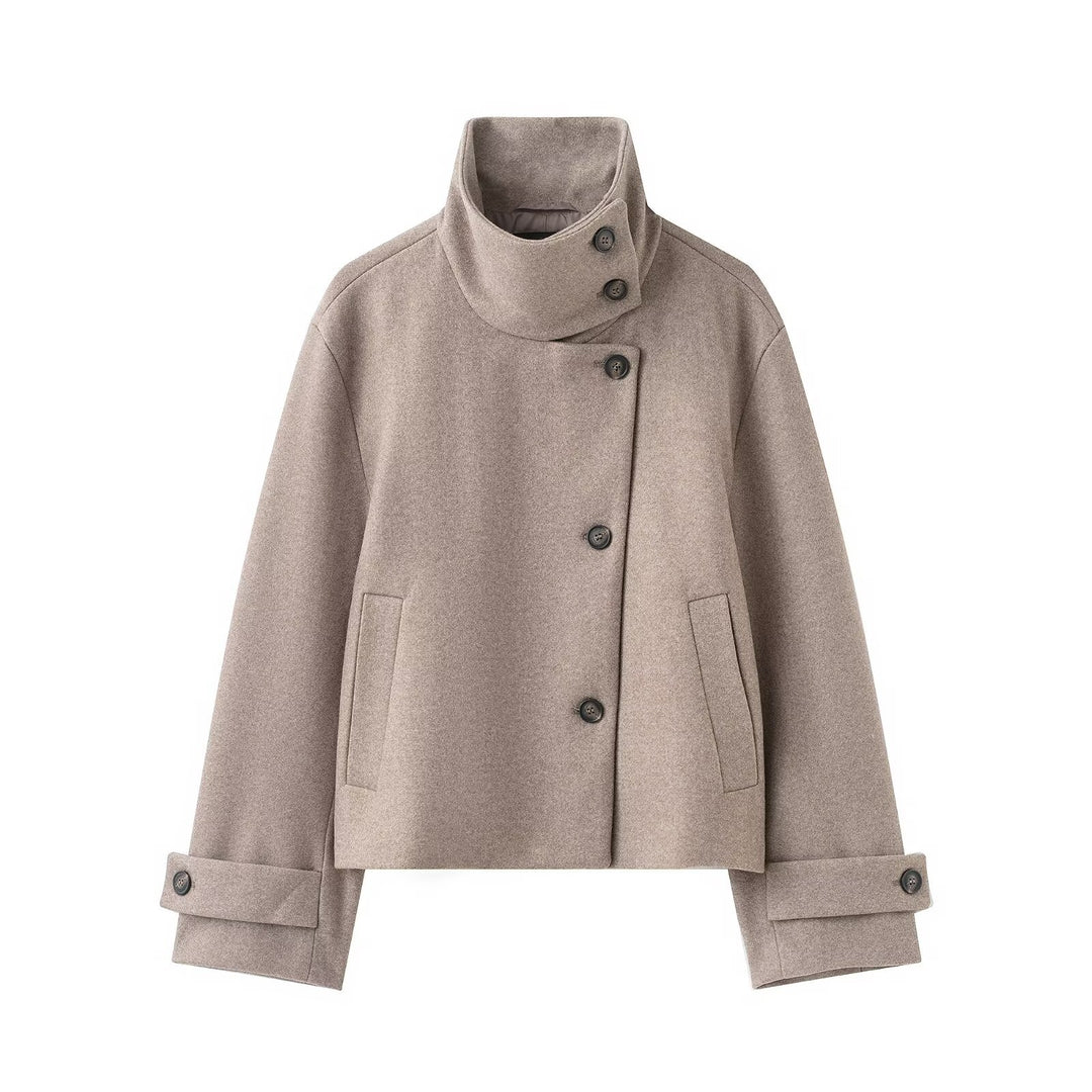 Damen Kurzer kastiger Wollmantel mit asymmetrischer Knopfleiste und Stehkragen Shop Nory