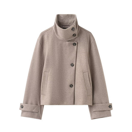 Damen Kurzer kastiger Wollmantel mit asymmetrischer Knopfleiste und Stehkragen Shop Nory