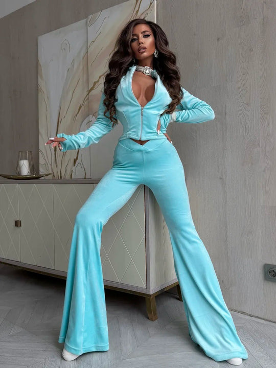 Damen Samt-Cropped-Set mit Reißverschlussjacke und V-förmiger taillenhoher Schlaghose Shop Nory