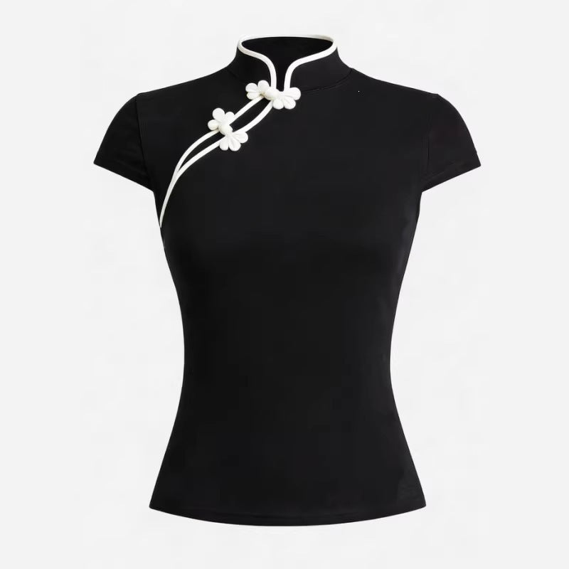 Damen Chinesisch inspirierte Bluse mit modernem Stehkragen und floralen Details