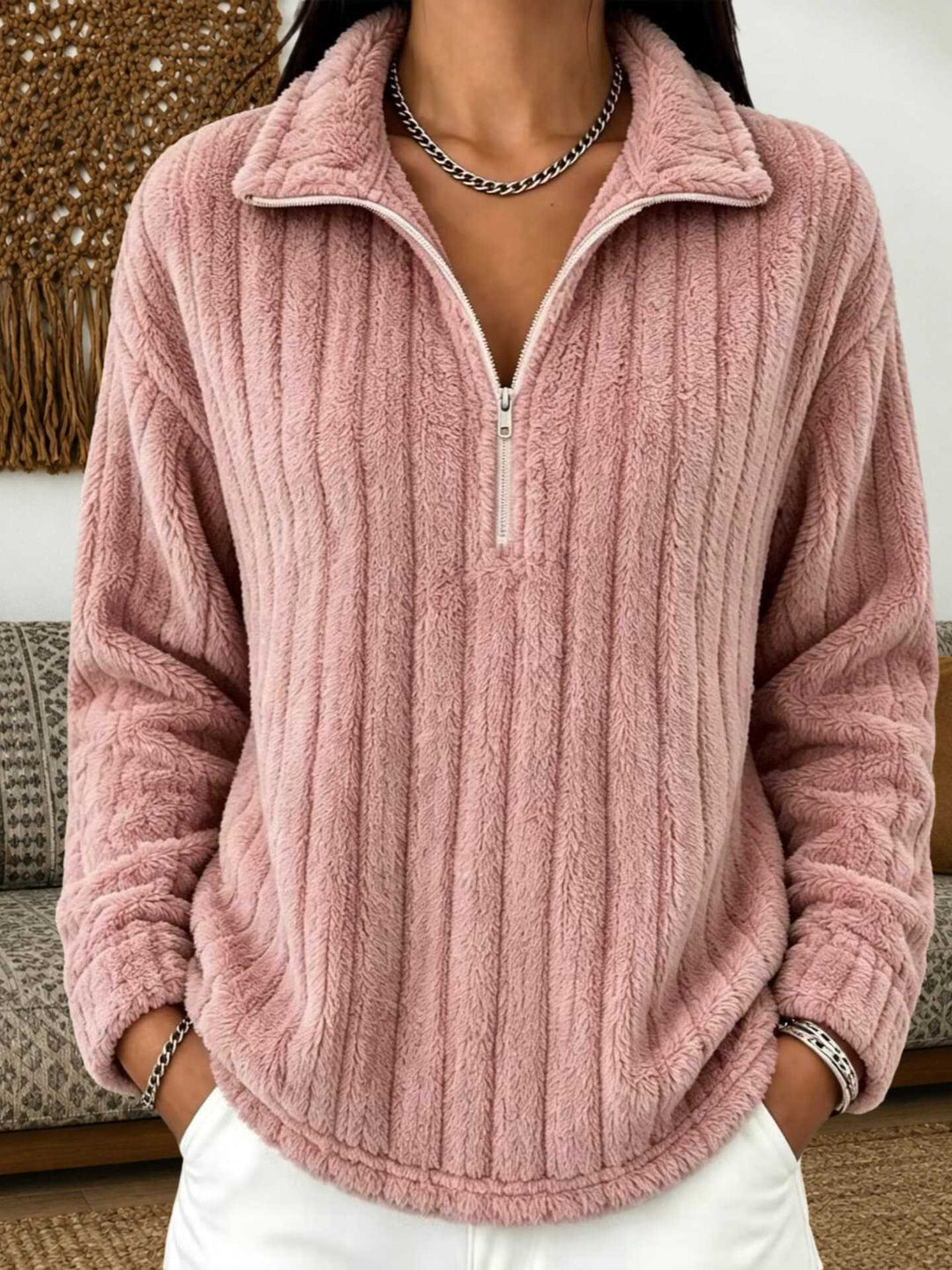 Damen Kuscheliger Plüsch-Halfzip-Pullover mit Stehkragen Shop Nory