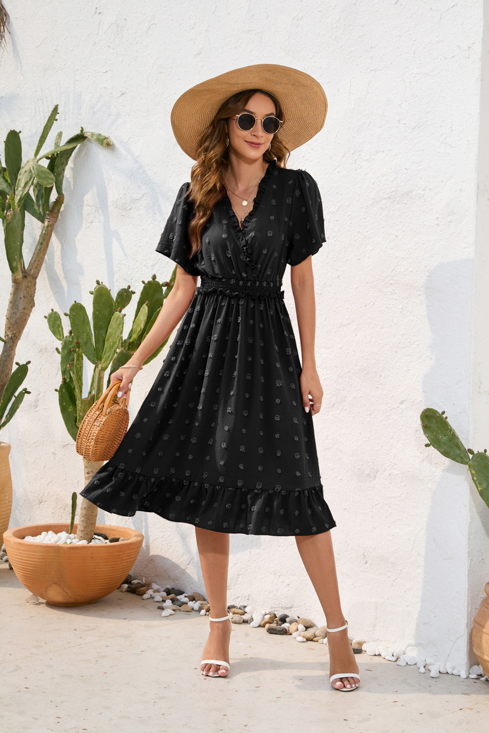 Damen Midikleid mit raffiniertem V-Ausschnitt, elastischem Taillenzug und fließendem Rock