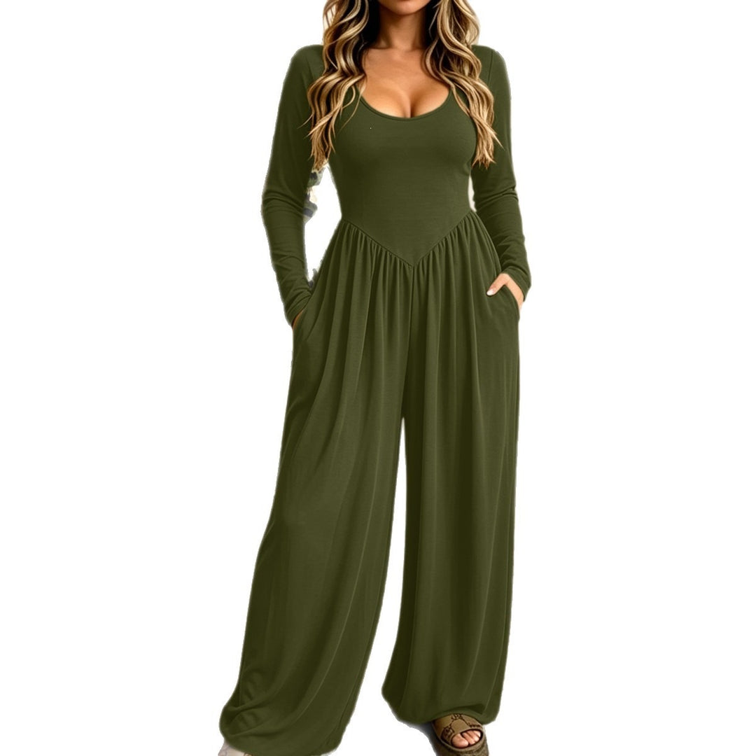 Damen Langer Jumpsuit mit weitem Bein, tiefem Rundhals und Eingrifftaschen Shop Nory