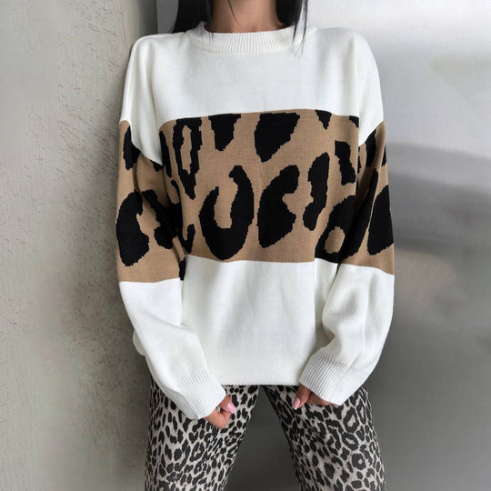 Damen Oversized Strickpullover mit Leoparden-Bahnen, überschnittener Schulter und geripptem Saum Shop Nory