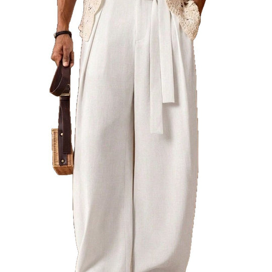 Herren weit geschnittene Leinenhose mit hoher Taille und Bindegürtel Shop Nory