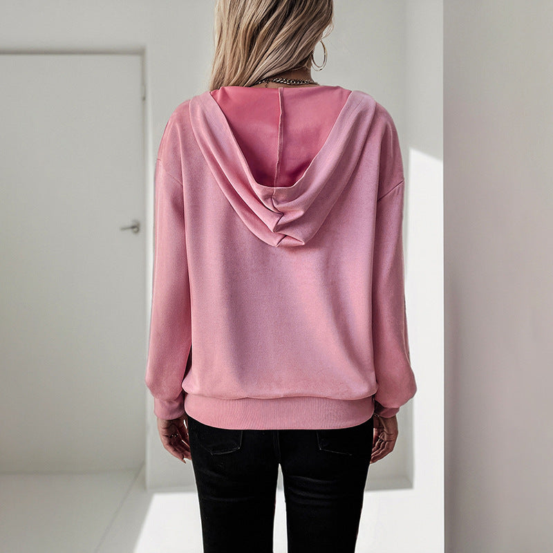 Damen Samt-Hoodie mit Reißverschluss am Kragen und Kängurutasche Shop Nory