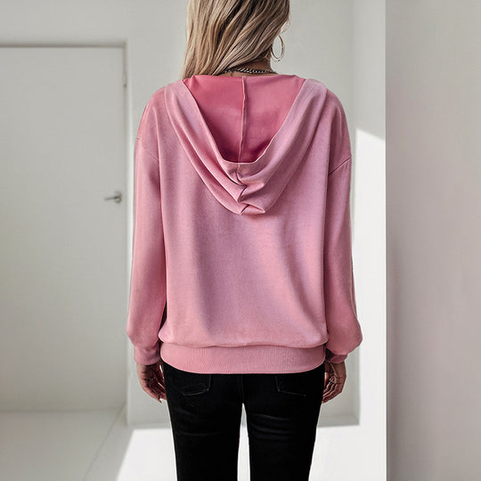 Damen Samt-Hoodie mit Reißverschluss am Kragen und Kängurutasche Shop Nory