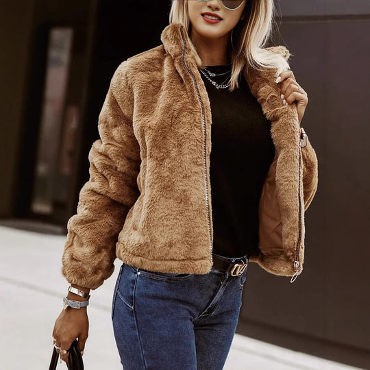 Weiche Damen Teddy Bomberjacke mit Reißverschluss