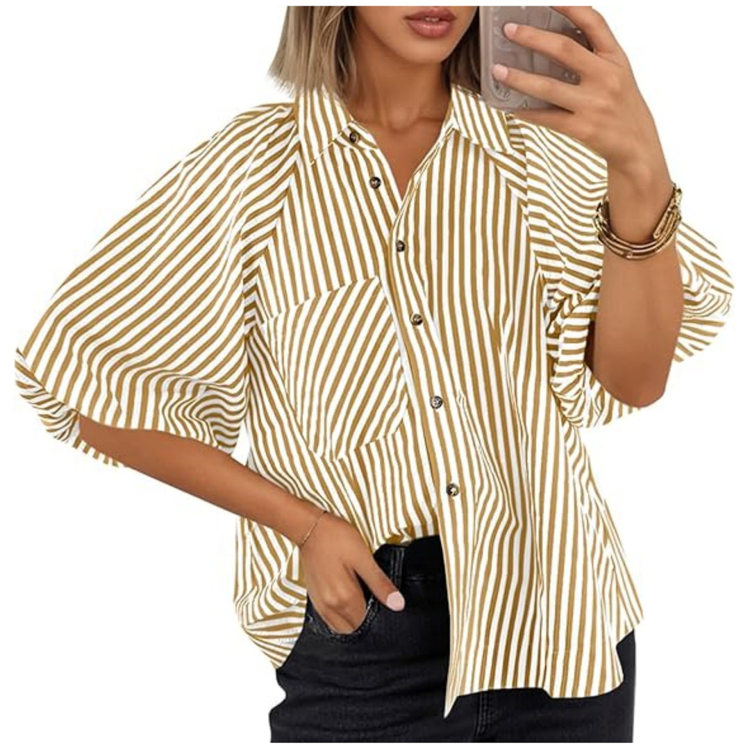 Damen Oversize Hemdbluse mit Ballonärmeln und vertikalem Streifenmuster Shop Nory