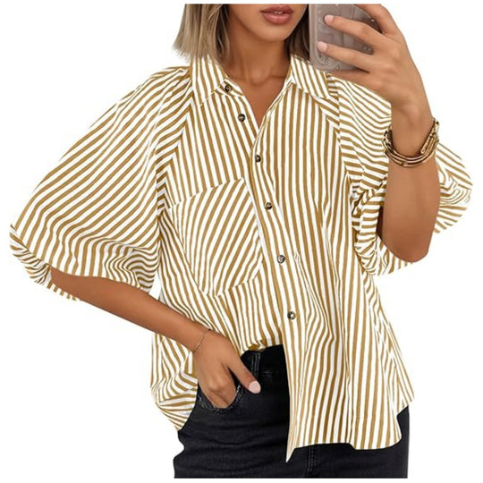 Damen Oversize Hemdbluse mit Ballonärmeln und vertikalem Streifenmuster Shop Nory