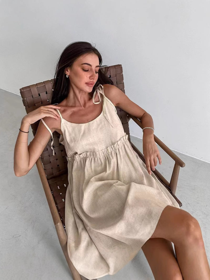 Damen lässiges Spaghettiträger-Kleid mit elastischem Bund und dekorativen Schleifen
