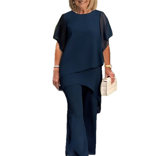 Damen elegantes Ensemble aus fließendem Oberteil und weitem Hose