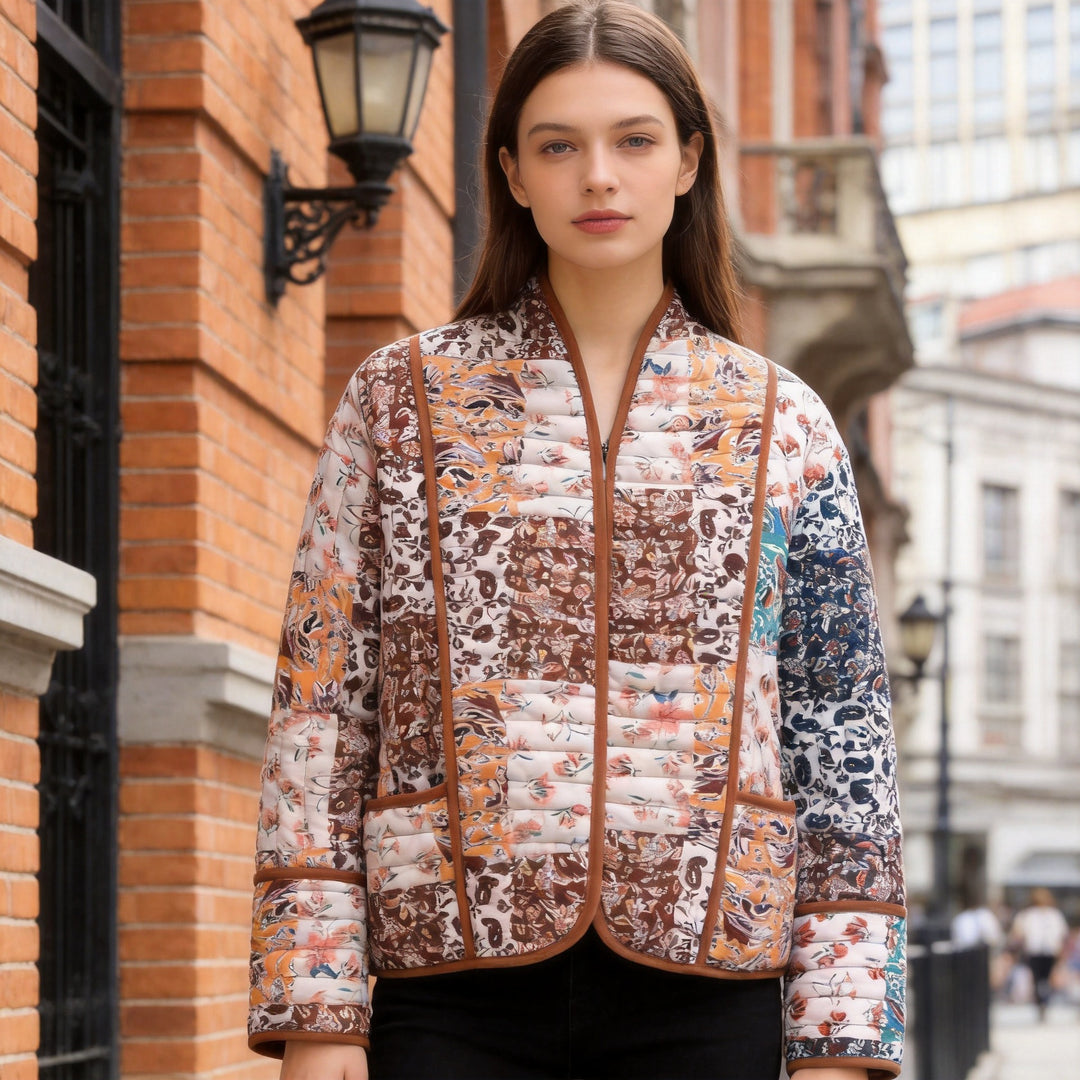 Damen Gesteppte Patchwork‑Steppjacke mit Stehkragen und Kontrastpaspel Shop Nory