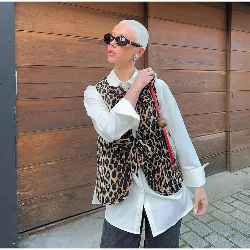 Damen Ärmellose Leoparden-Print-Weste mit Bindeschleifen und strukturierter Oberfläche Shop Nory