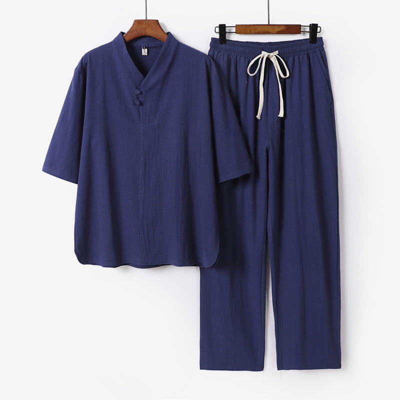 Herren Zweiteiliges Leichtes Loungewear-Set mit Stehkragen-Halbarmshirt und Kordelbund-Hose Shop Nory
