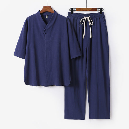 Herren Zweiteiliges Leichtes Loungewear-Set mit Stehkragen-Halbarmshirt und Kordelbund-Hose Shop Nory