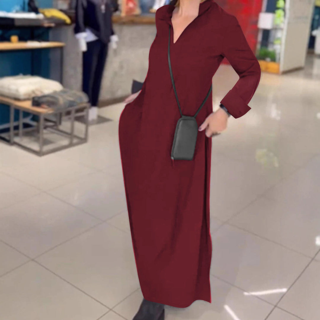 Damen Kragenblusenkleid mit V-Ausschnitt, Eingrifftaschen und seitlichen Schlitzen Shop Nory