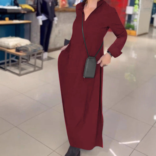 Damen Kragenblusenkleid mit V-Ausschnitt, Eingrifftaschen und seitlichen Schlitzen Shop Nory