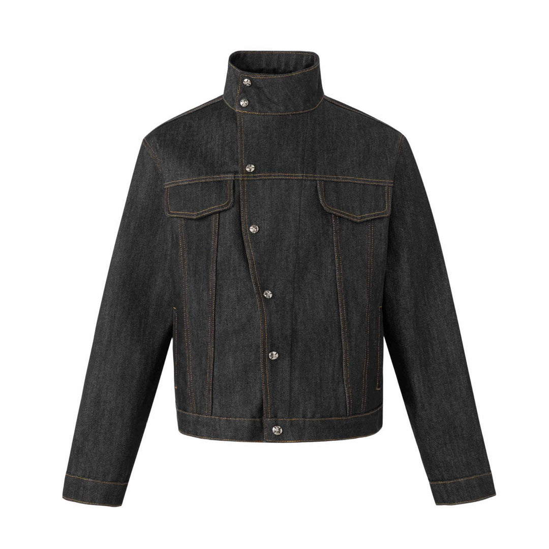 Unisex Kurz geschnittene Denimjacke mit hohem Stehkragen und Ziernähten Shop Nory