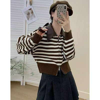 Damen Modischer Streifenpullover mit hohem Kragen und Reißverschluss Shop Nory