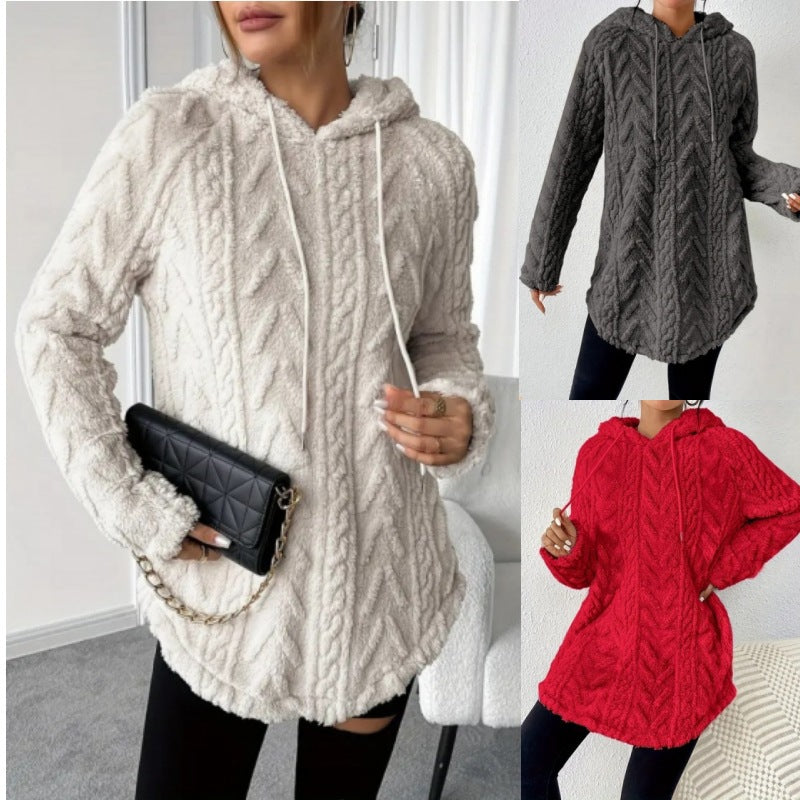 Damen Kuscheliger Teddy-Hoodie mit Zopfmuster Tunnelzug und gerundetem Saum Shop Nory