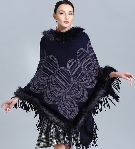 Damen Fransen‑Poncho mit Kunstfellbesatz und Jacquard‑Ruana Shop Nory