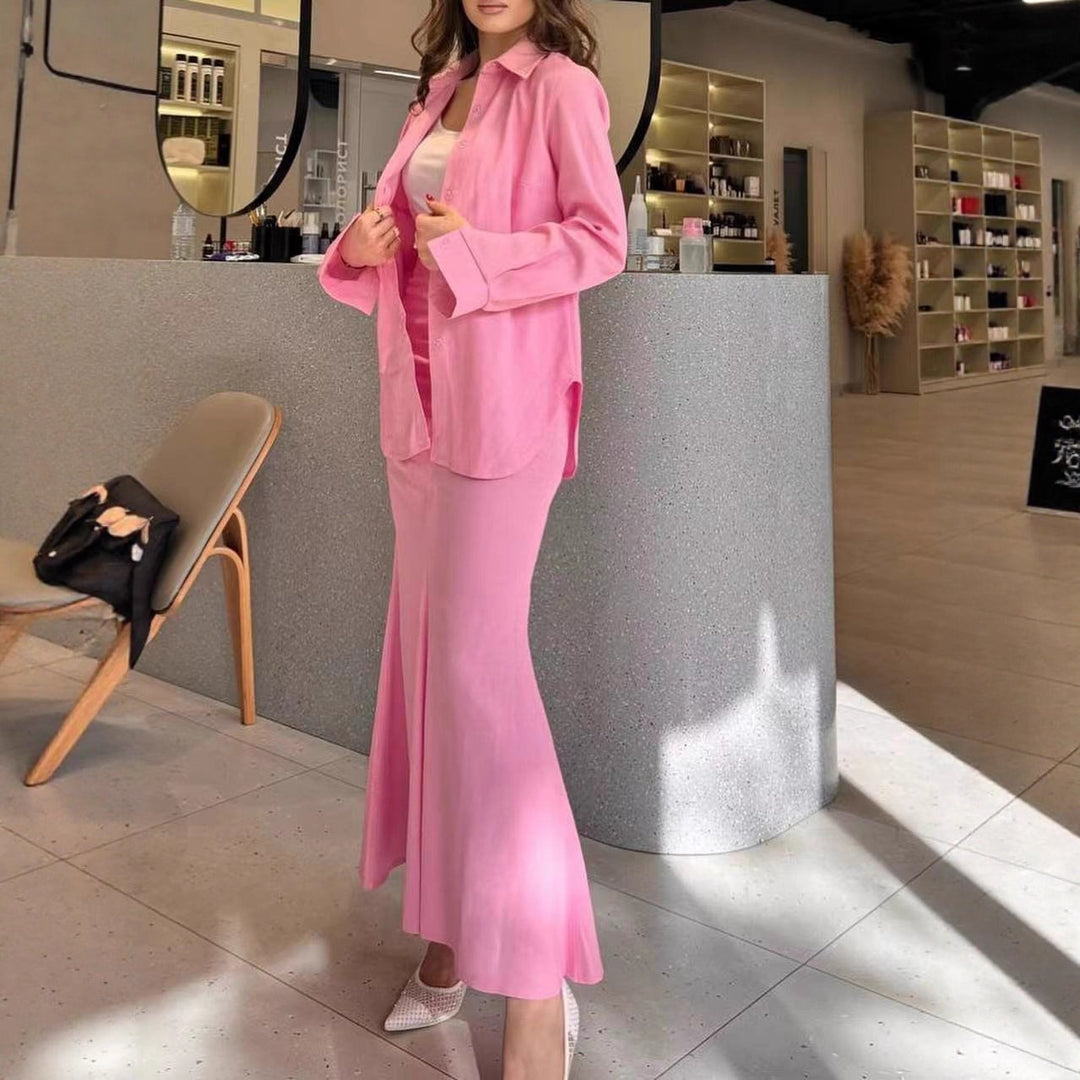 Damen Zweiteiliges Set Schlauchmaxirock mit ausgestelltem Saum und Oversize-Hemd Shop Nory