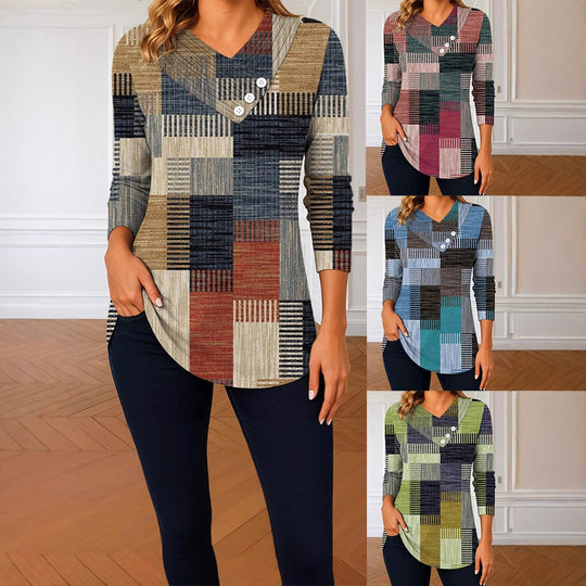 Damen Langarm-Tunika mit asymmetrischem V-Ausschnitt, Zierknopfleiste und kariertem Patchworkmuster Shop Nory