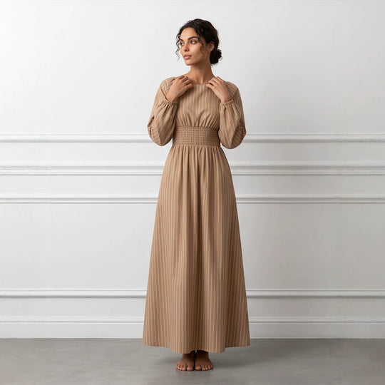Damen Maxikleid mit Smok-Taillenband, Quadrat-Ausschnitt und langen Ballonärmeln Shop Nory