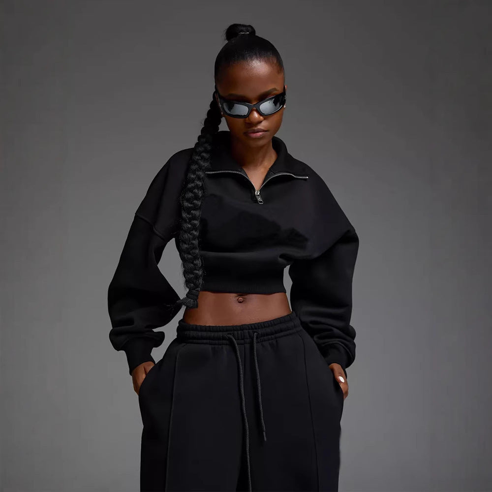 Damen kurzes Half-Zip Crop-Sweatshirt mit hoher Taille und weitem Sweatpants-Set Shop Nory