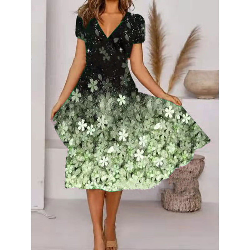 Damen A-Linie Sommerkleid mit V-Ausschnitt und floralen Akzenten