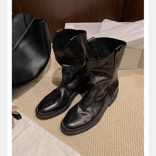 Damen Mid‑Calf Slouch Western‑Stiefel aus Glattleder mit Zuglaschen und profilierter Laufsohle Shop Nory